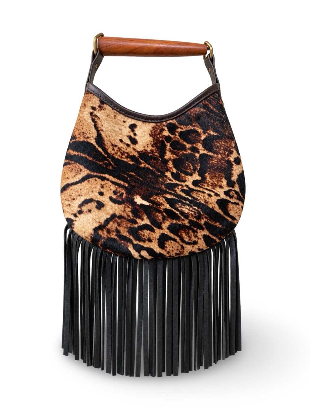 Hair On Cowhide Jaguar Print Wood Horn Handle Deerskin Fringe Bag